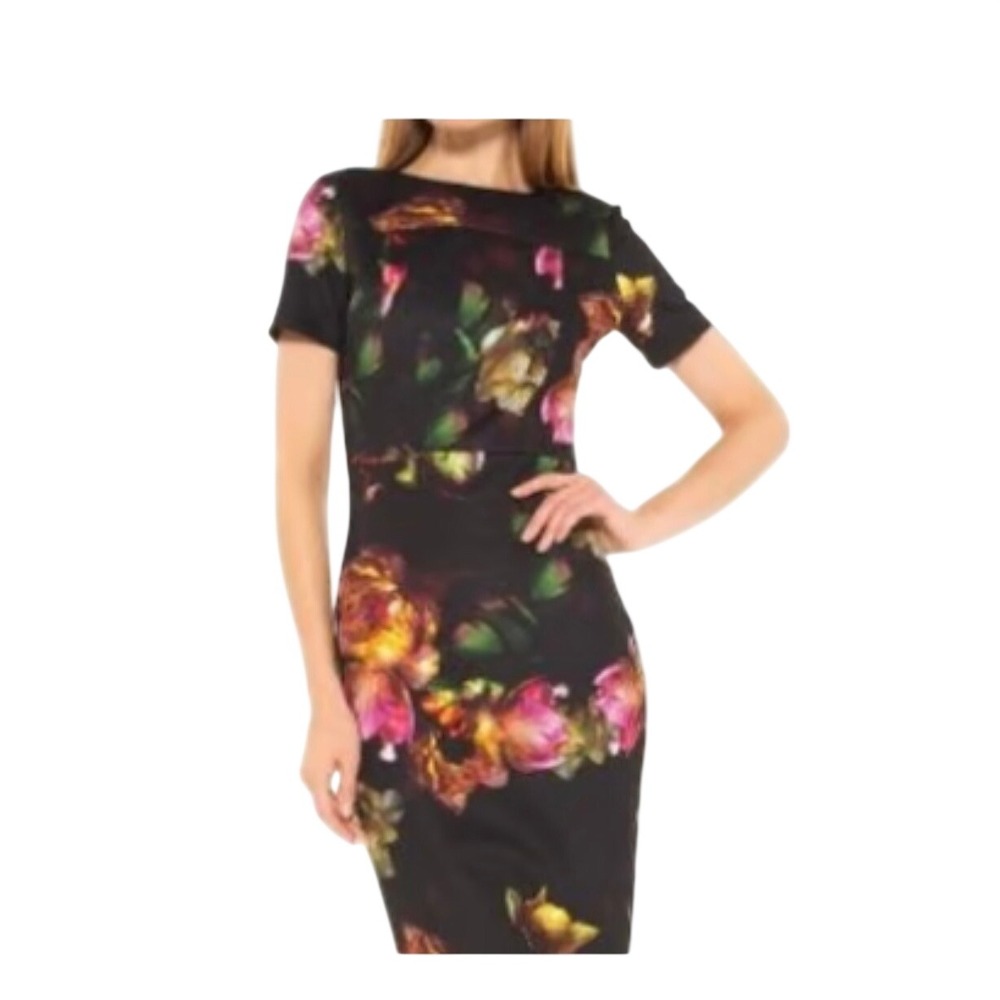 Alexia Admor Sheath Dress Women's XL Black Floral Excellent Short Sleeve Midi